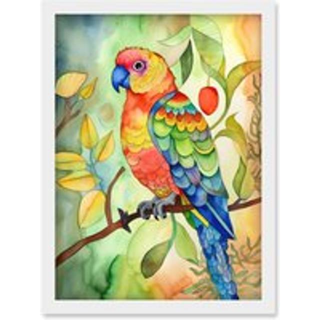Parrot Bird On Tree Branch Folk Art Watercolour Painting Artwork Framed Wall Art Print A4 - White - One Size