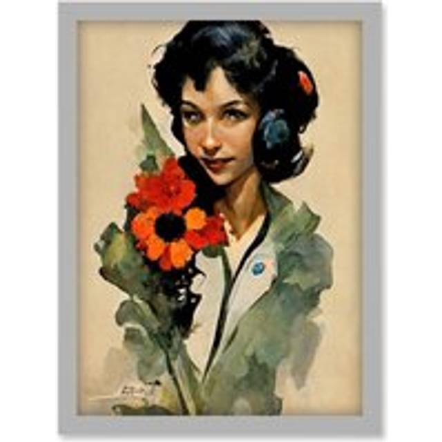 Woman With Bouquet Watercolour Flowers Floral Artwork Framed Wall Art Print A4 - Grey - One Size