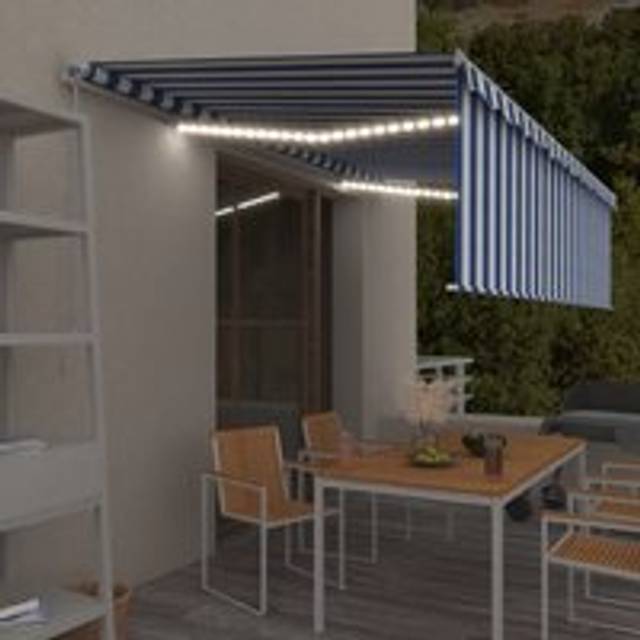 Manual Retractable Awning with Blind&LED 5x3m Blue&White - One Size