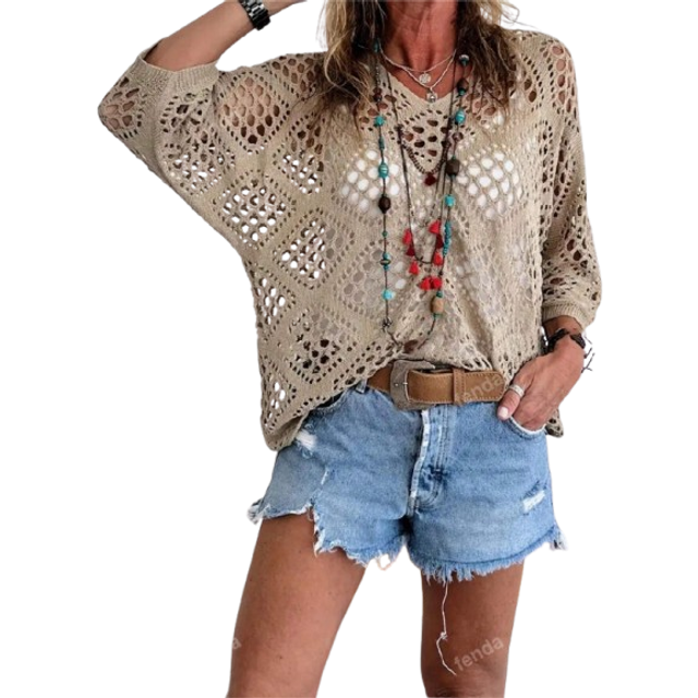 SHEIN Plus Size Spring/Summer V-Neck Diamond Shape Hollow Out Batwing Sleeve Women&#39;s Sweater