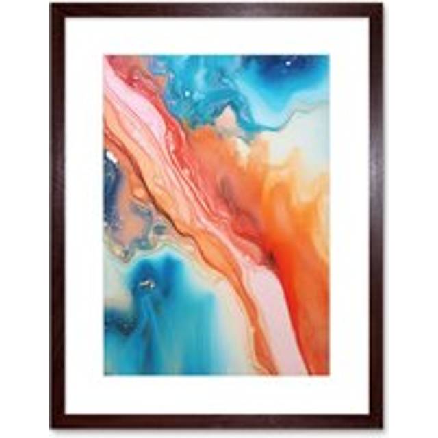 Wall Art Print Abstract Blue and Orange Fluid Flow Painting Water Meets Oil Artwork Framed 9X7 Inch - Brown - W7 inch x H9 inch