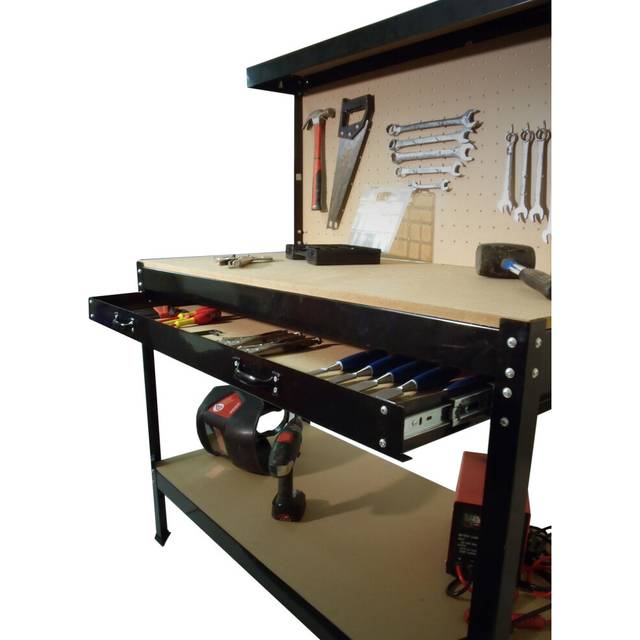 (Black) Workbench Workstation Heavy Duty Metal Garage Workshop Pegboard Drawer Shelve
