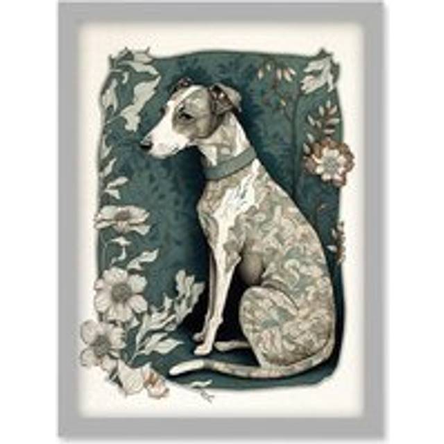 Whippet Dog with Floral Pattern Fur Coat Art Nouveau Inspired Watercolour Illustration Artwork Framed Wall Art Print A4 - Grey - One Size