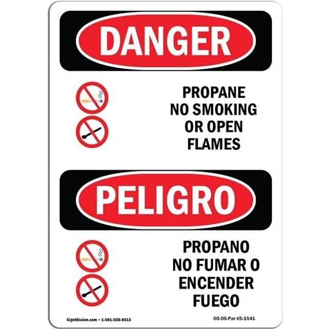 SignMission OS-DS-A-1014-VS-1541 10 x 14 in. OSHA Danger Sign - Propane No Smoking or Open Flames