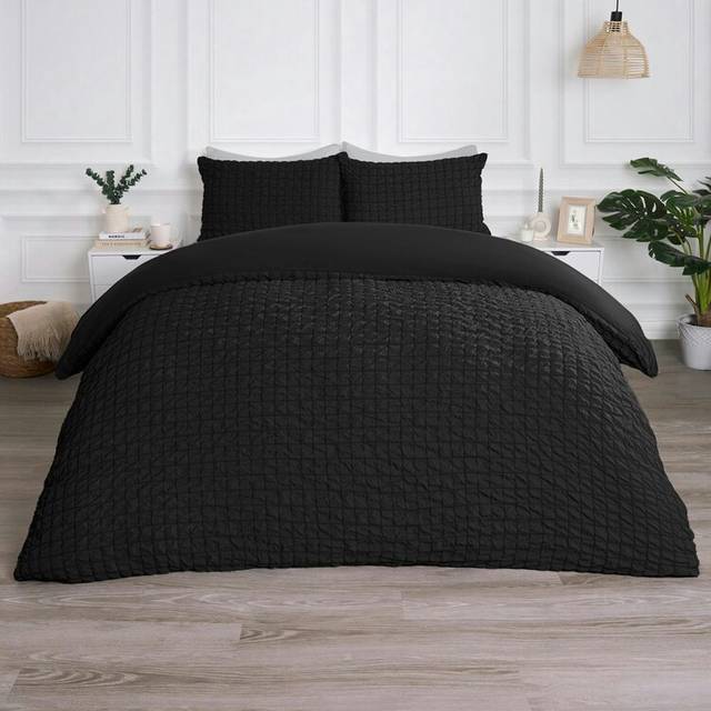 Luxury Seersucker Duvet Cover Set Geo Pillowcase Quilt - Black - King