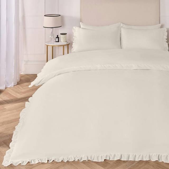 Duvet Cover Set Frill Edge Microfibre Quilt Decor Bedding Pillowcase - Natural - Super King