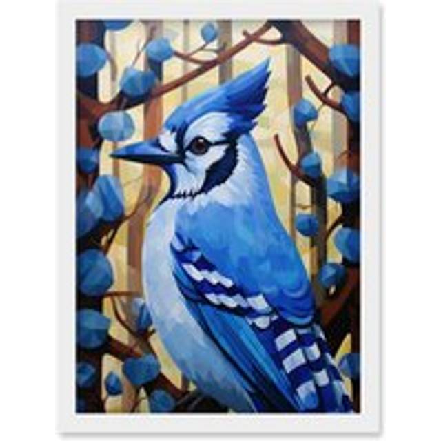 Wall Art Print Blue Jay Geometric Artwork Wild Bird Perched on Tree Polygonal Forest Landscape Artwork Framed A4 - White - A4