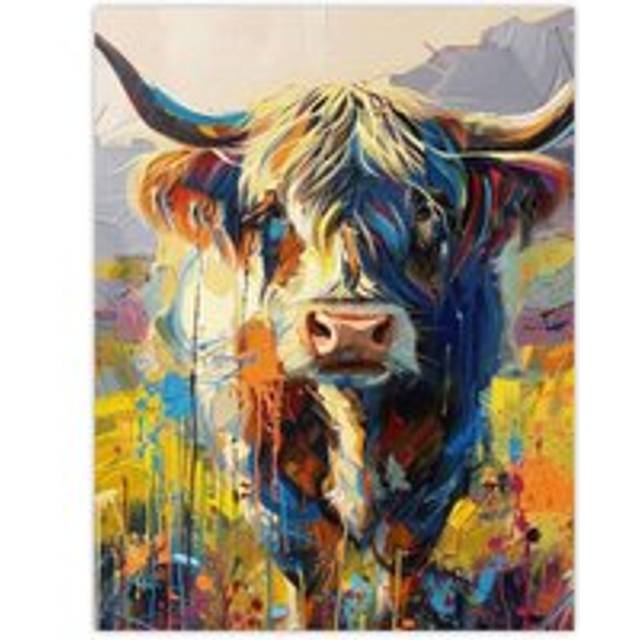 Wall Art Print Scottish Highland Cow Hairy Coo Abstract Painting Poster - Multi - W12 inch x H16 inch