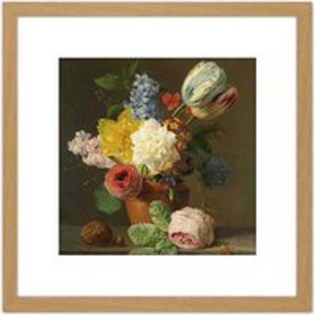 Oberman Still Life With Flowers Nuts Painting 8X8 Inch Square Wooden Framed Wall Art Print Picture with Mount - Tan - One Size