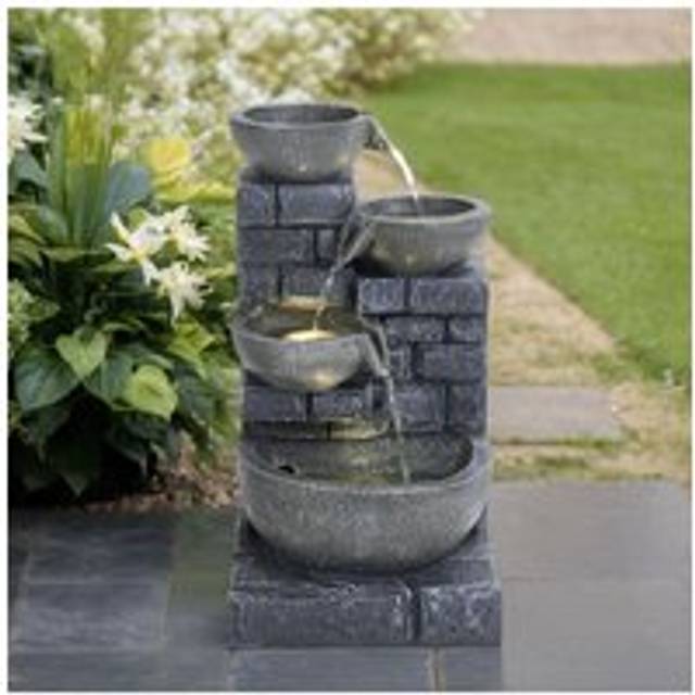 Solar Powered Rustic Water Fountain with LED Lights - Grey - One Size