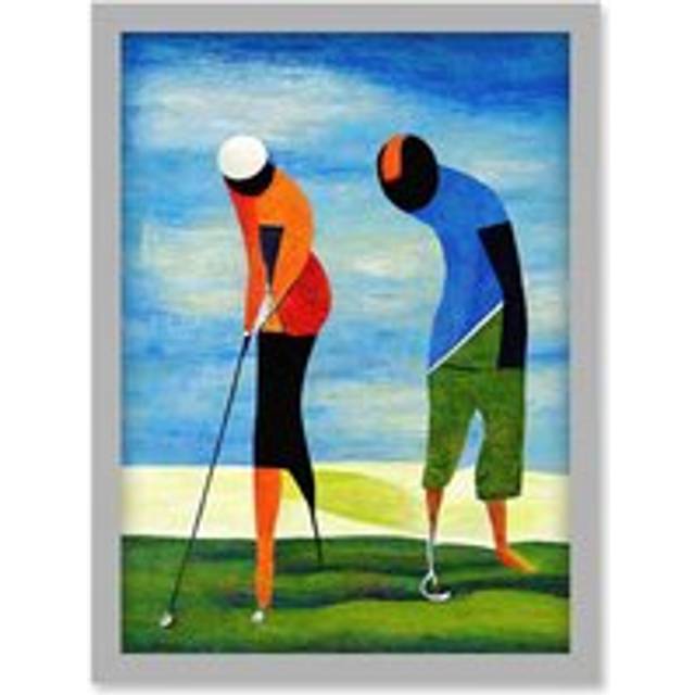 Abstract Surreal Modern Golf Golfing Couple Playing Artwork Framed Wall Art Print A4 - Grey - One Size