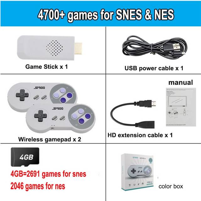 (4700 games with box) SF900 Classic Retro Video Game Console 4700 Games 16 Bit Mini Consola Wireless 4K HD TV Game Stick for Super Nintendo SNES NES