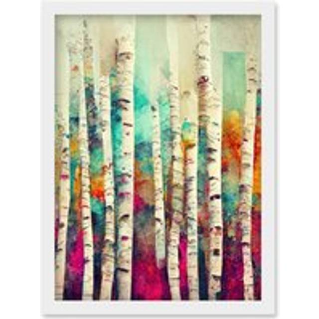 Abstract Multi Coloured Birch Tree Forest Vibrant Colourful Oil Painting Artwork Framed Wall Art Print A4 - White - One Size