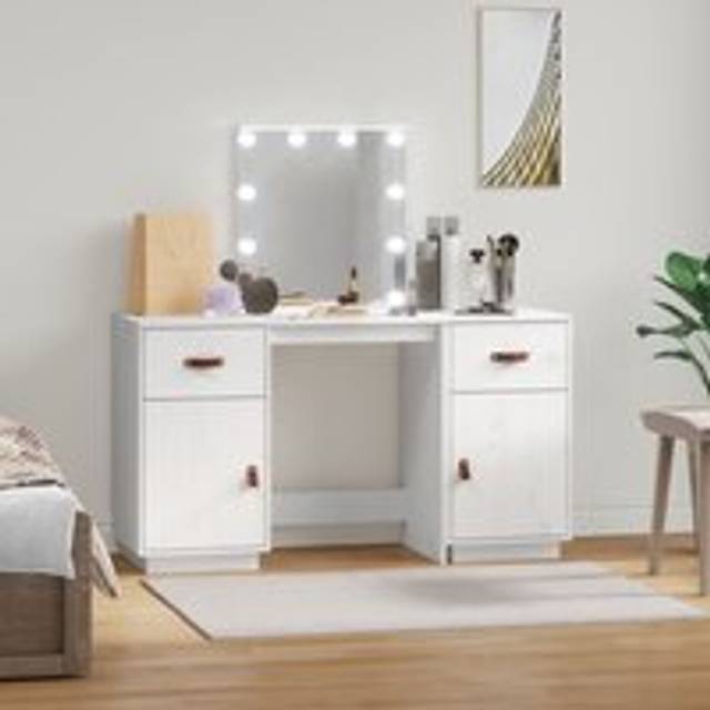 Dressing Table Set with LED White Solid Wood Pine - One Size