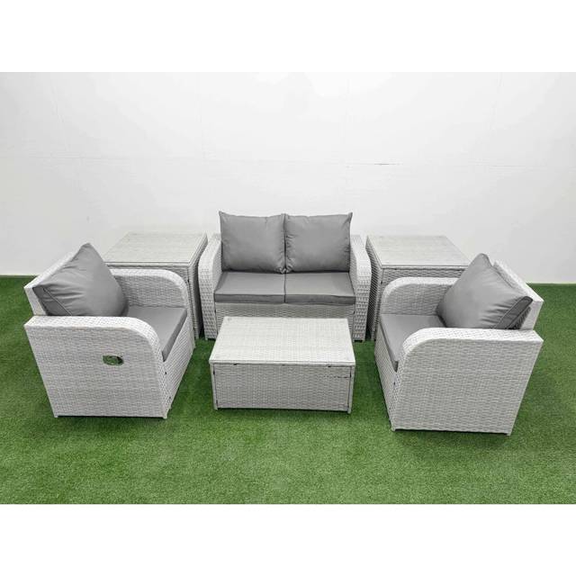 Fimous PE Wicker Rattan Garden Furniture Set Sofa Set Reclining Adjustable Chair Rectangular Coffee Table 4 Seater With 2 Side Table