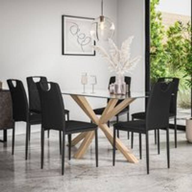 (Black) Etta Glass Dining Table Set w Solid Oak Legs w 4-6 Monza Faux Leather Chair