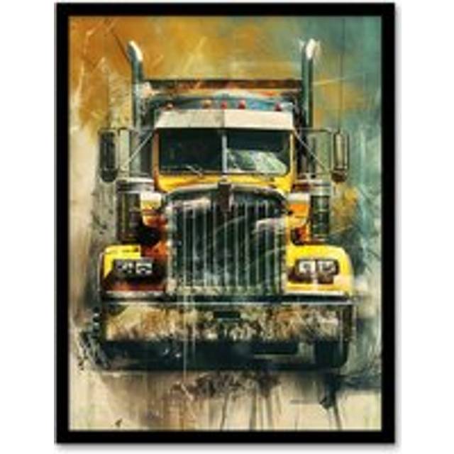Yellow Long Haul Truck Front Modern Painting Framed Art Print - W12 inch x H16 inch