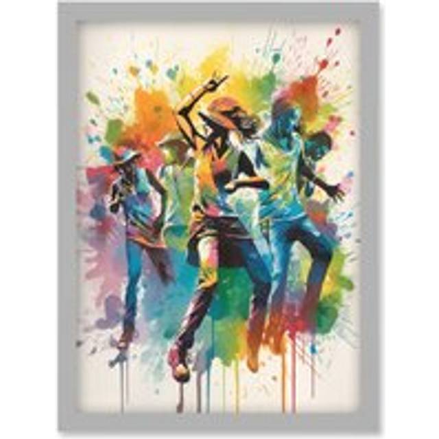 Rainbow Rhythm Dance Festival of Colour Dancers Dancing to Music Modern Splat Watercolour Painting Artwork Framed Wall Art Print A4 - Grey - One Size
