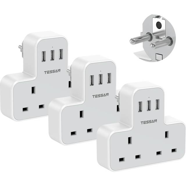 UK to European Plug Adapter with 3 USB, TESSAN Grounded EU Travel Plug, Schuko Europe Adaptor for Spain France Turkey Greece Portugal (Type E/F)?3