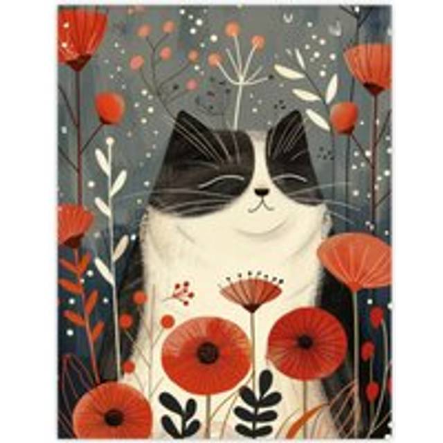 Wall Art Print Happy Cat in the Poppies Cute Fun Animal Lover Poster - Grey - W24 inch x H32 inch