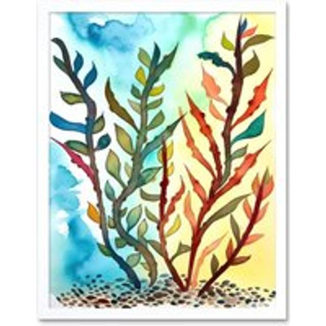 Wall Art Print Seaweed Sea Floor Folk Art Framed - White - W12 inch x H16 inch