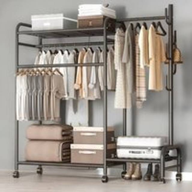 Rafaelo Mobilia Heavy Duty Metal Clothes Rail Open Wardrobe With Storage Shelves in Black