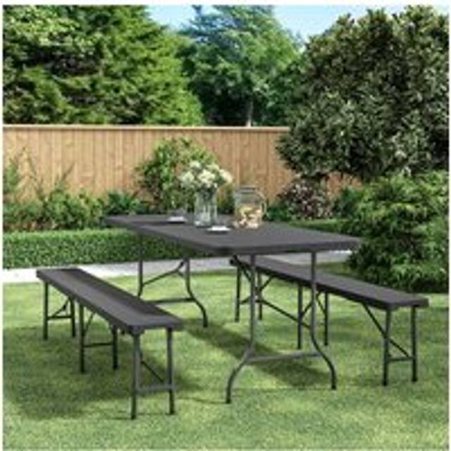 3-Piece Rattan Plastic Outdoor Camping Folding Table Bench Set - Black - One Size