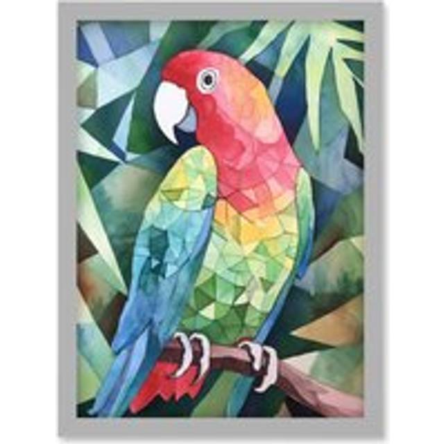 Polygon Parrot Bird On Tree Branch Watercolour Painting Artwork Framed Wall Art Print A4 - Grey - One Size