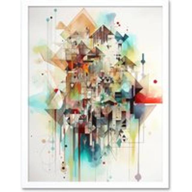 Wall Art Print Abstract Geometric Fractal Shapes Modern Watercolour Painting Art Framed - White - W12 inch x H16 inch