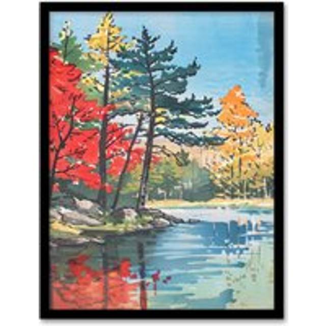 Lake Forest Colourful Trees Japanese Woodblock Framed Wall Art - Multi - W12 inch x H16 inch