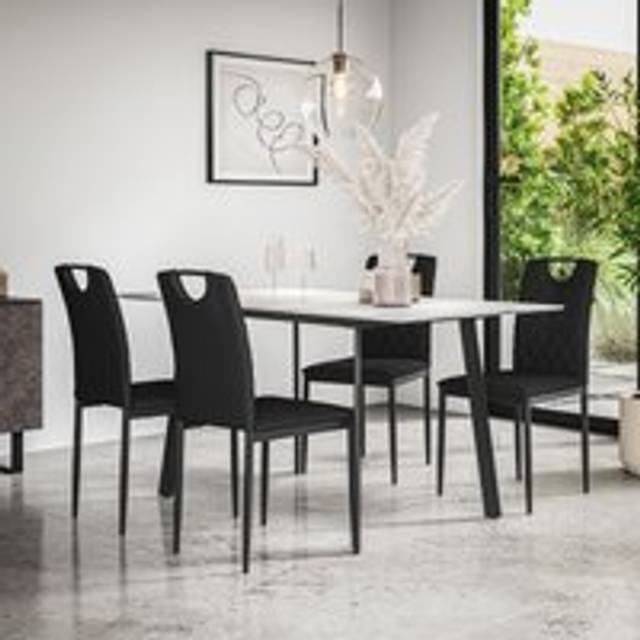 (Black) Haydon Extending Marble Effect Dining Table w 4/6 Monza Faux Leather Chair Set