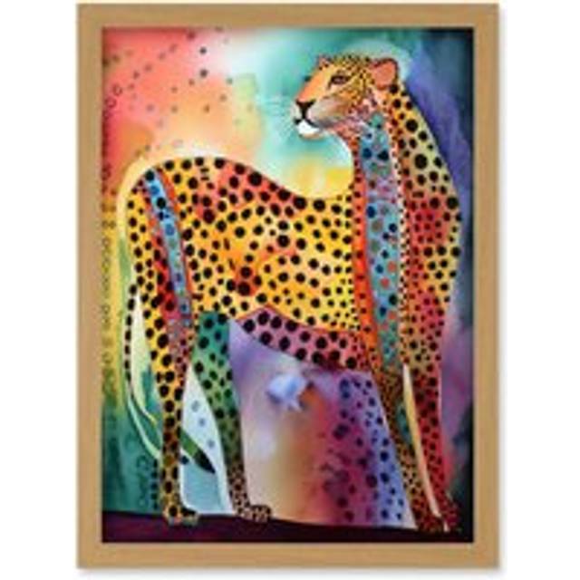 Colourful Cheetah Folk Art Watercolour Painting Artwork Framed Wall Art Print A4 - Tan - One Size