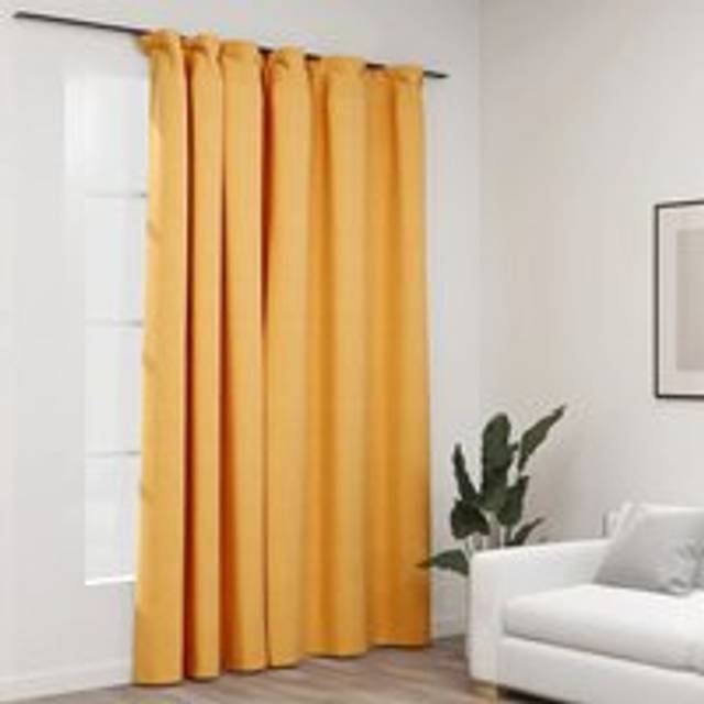 Linen-Look Blackout Curtain with Hooks Yellow 290x245 cm - One Size