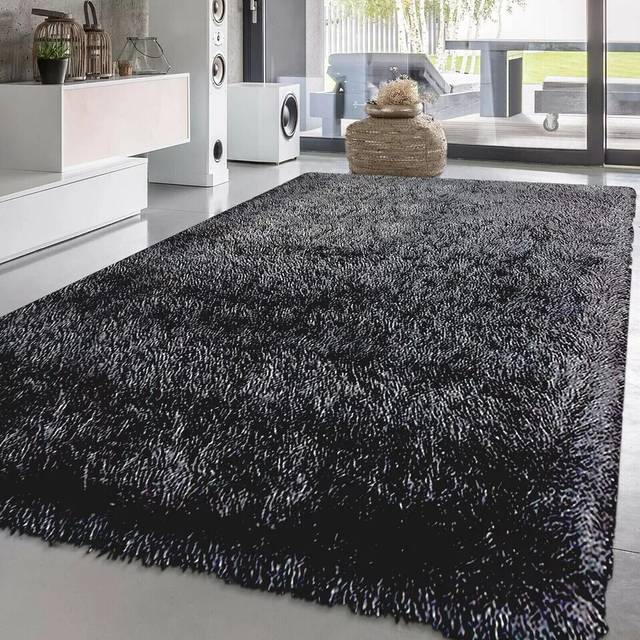 (Black Grey) Non Slip Extra Large Shaggy Sparkle Living Room Carpet Rugs