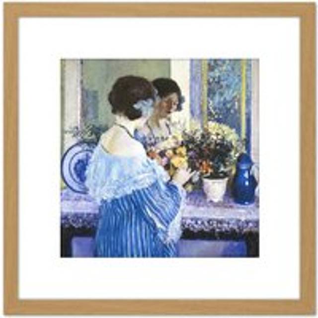 Frieseke Girl Blue Arranging Flowers Painting 8X8 Inch Square Wooden Framed Wall Art Print Picture with Mount - Tan - One Size