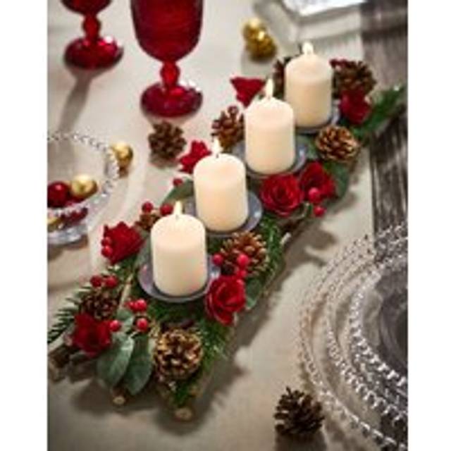 Roses Four Pillar Centrepiece Christmas Decoration Tealight Holder Candle Holders 51cm - Red - One Size