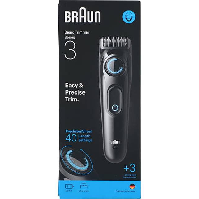 Braun Skäggtrimmer Serie 3, +3 Stylingverktyg, Ultra Skarpa Blad, 50 min Drifttid, 40 Längder, BT3520, Svart