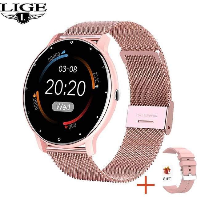 (Mesh belt pink, Custom dial) LIGE 2023 Smart Watch Ladies Full Touch Screen Sports Fitness Watch IP67