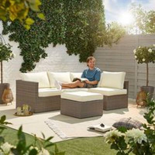 MMT Grey Rattan L-Shaped 4-Seater Sofa Set with Coffee Table and Stool - One Size