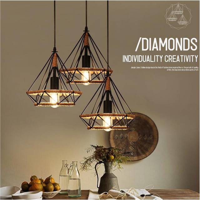 Retro Antique Pendant Light 25CM Diamond Ceiling Light Vintage Industrial Chandelier Black Hemp Rope 3 Head Hanging Lamp