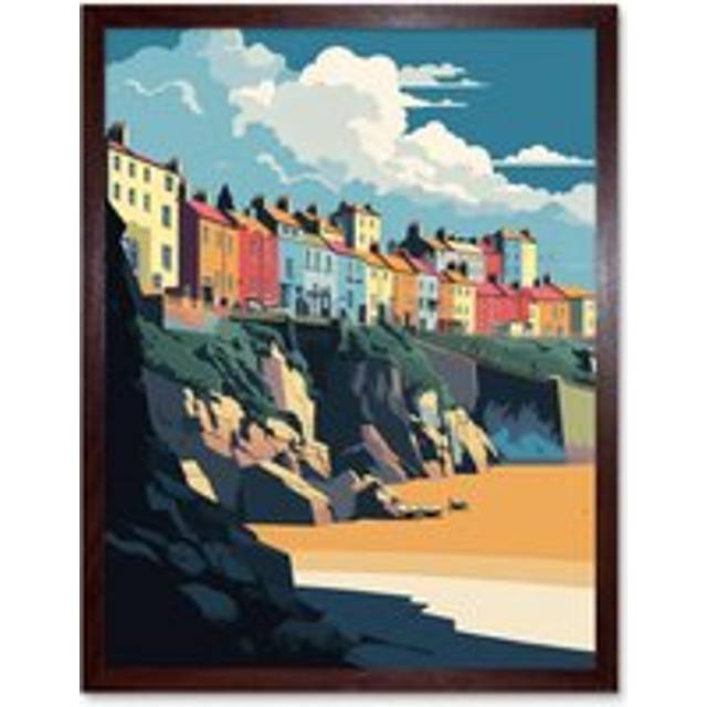 Wall Art Print Tenby Harbour Beach Coastal Town Art Framed - Brown - W12 inch x H16 inch