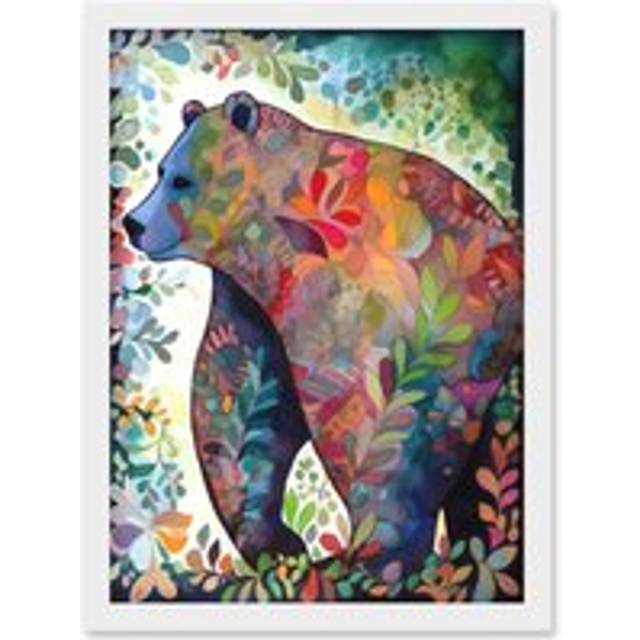 Grizzly Bear With Botanical Patterns Folk Art Watercolour Painting Artwork Framed Wall Art Print A4 - White - One Size