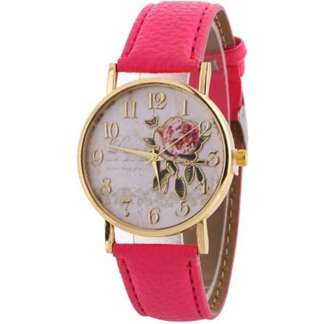 (rose red) Women Arabic Number Rose Flower Round Dial Faux Leather Band Quartz Wrist Watch - Red