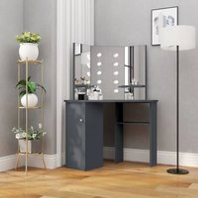Corner Dressing Table with LED Grey 111x54x141.5 cm - One Size