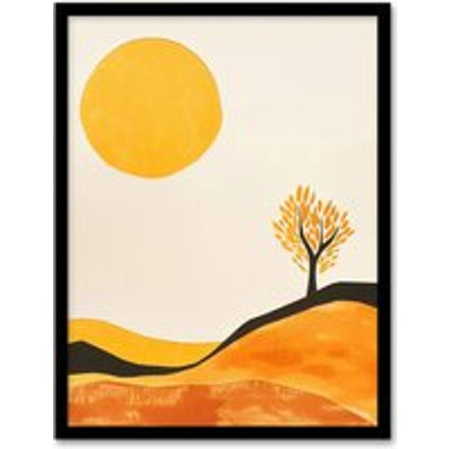 Lone Tree Orange Vibrant Abstract Boho Landscape Framed Wall Art - Yellow - A4