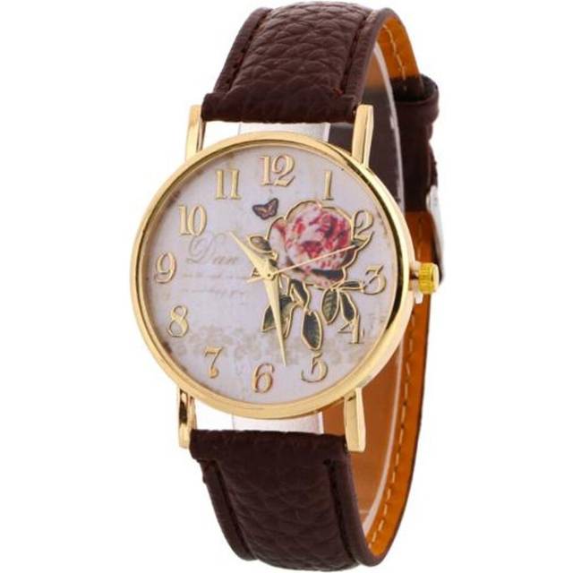 (brown) Women Arabic Number Rose Flower Round Dial Faux Leather Band Quartz Wrist Watch - Brown
