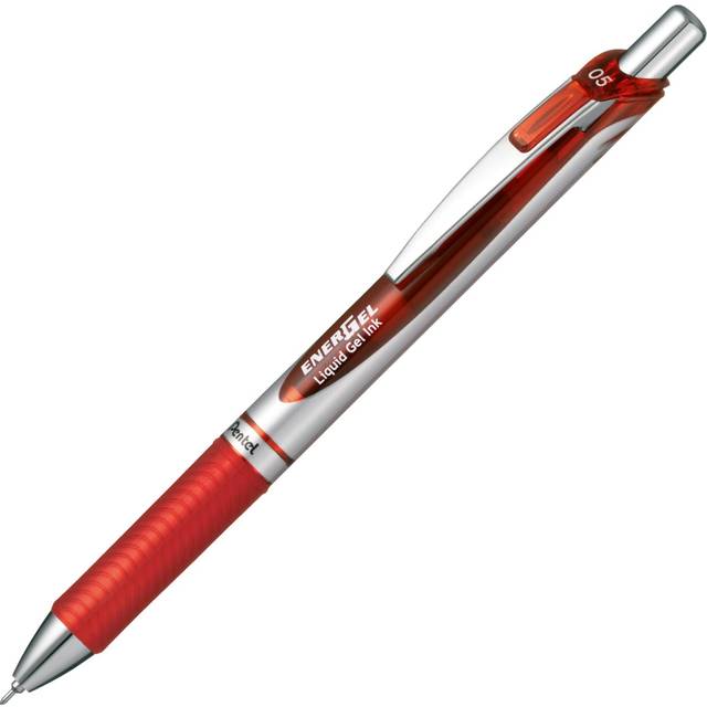 Pentel Energel Knock Ballpoint Pen  0.5mm Needle Tip  Red Ink  Silver Body with Red Accent (BLN75Z-B)