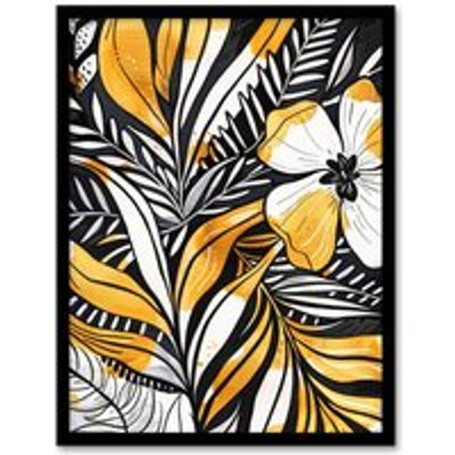 Plant Lover Fern Flower Bloom Black Gold White Framed Art Print - Yellow - A4