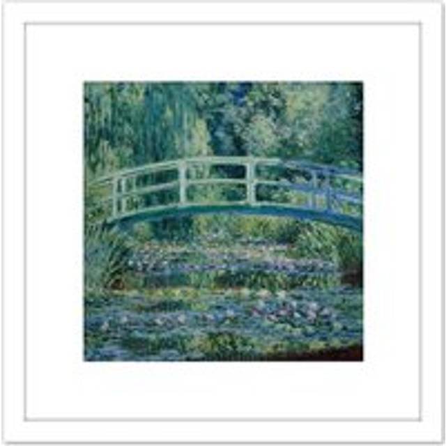 Monet Water Lilies Japan Bridge Painting 8X8 Inch Square Wooden Framed Wall Art Print Picture with Mount - White - One Size