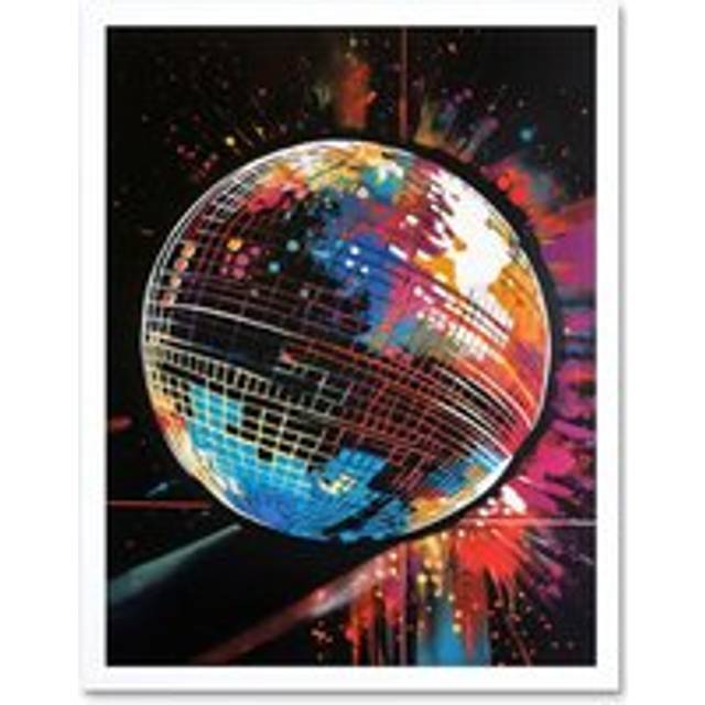 Wall Art Print Disco Ball Music Night Reflections Modern Spray Paint Painting Art Framed - White - W12 inch x H16 inch